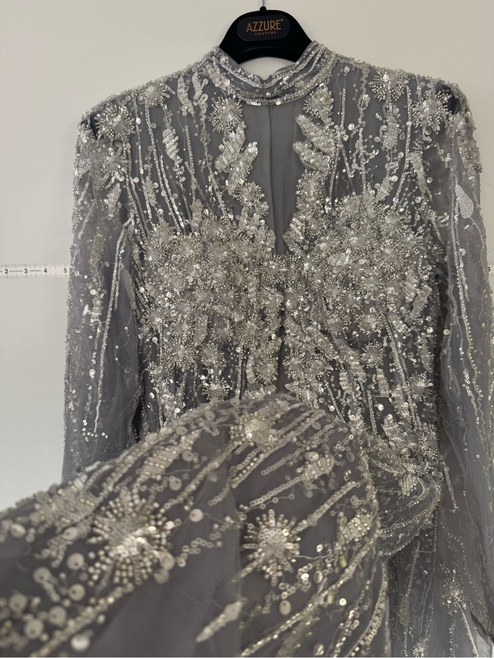 Azzure Couture Silver Embellished Gown- Size 8-Beaded Tulle Evening Dress - Picture 4 of 13